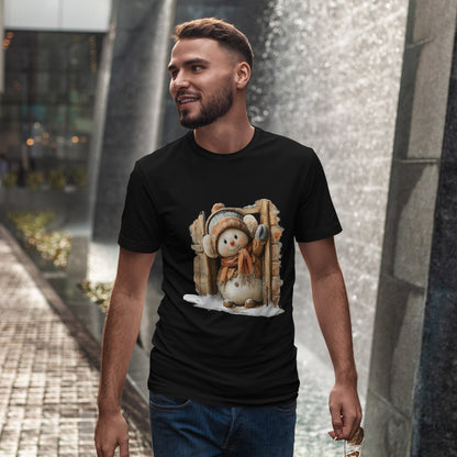 Waving Doorway Snowman Christmas T-Shirt - Cabin Snowman in Beanie & Ear Muffs