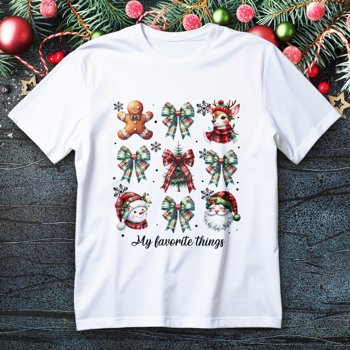 My Favorite Christmas Things collage shirt with plaid bows, reindeer, gingerbread