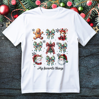 My Favorite Christmas Things collage shirt with plaid bows, reindeer, gingerbread