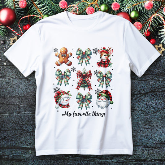 My Favorite Christmas Things collage shirt with plaid bows, reindeer, gingerbread