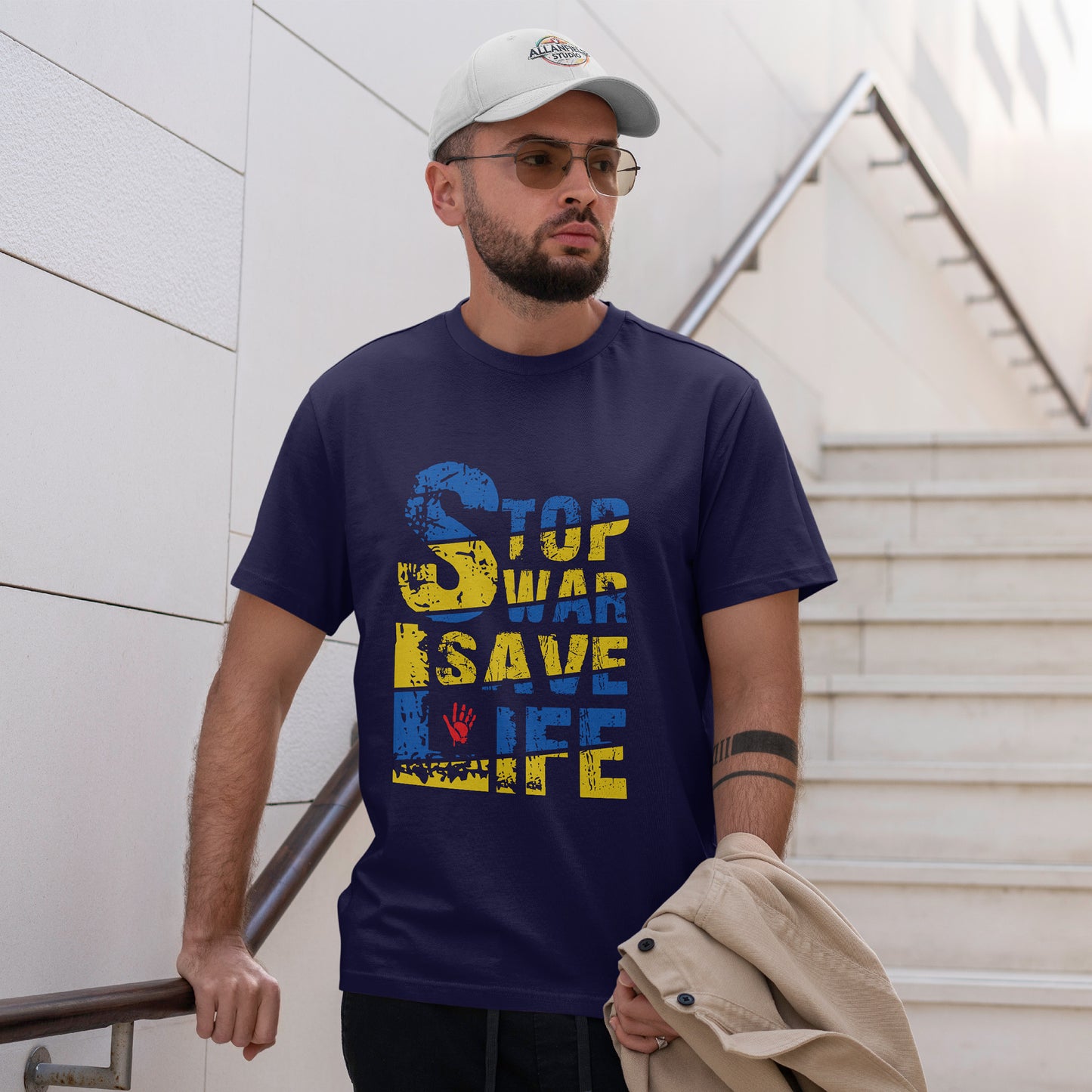 Stop War Save Life Shirt - Blue & Yellow Anti-War Tee, Ukraine Support T-Shirt with Red Handprint, Peace and Solidarity Gift