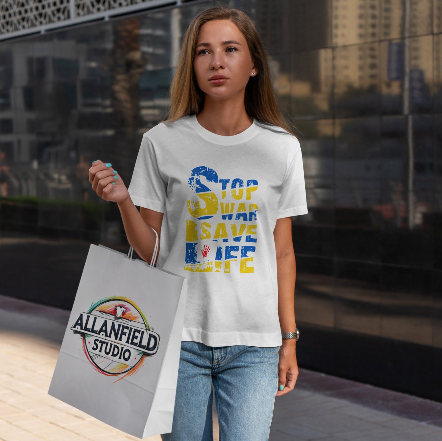 Stop War Save Life Shirt - Blue & Yellow Anti-War Tee, Ukraine Support T-Shirt with Red Handprint, Peace and Solidarity Gift