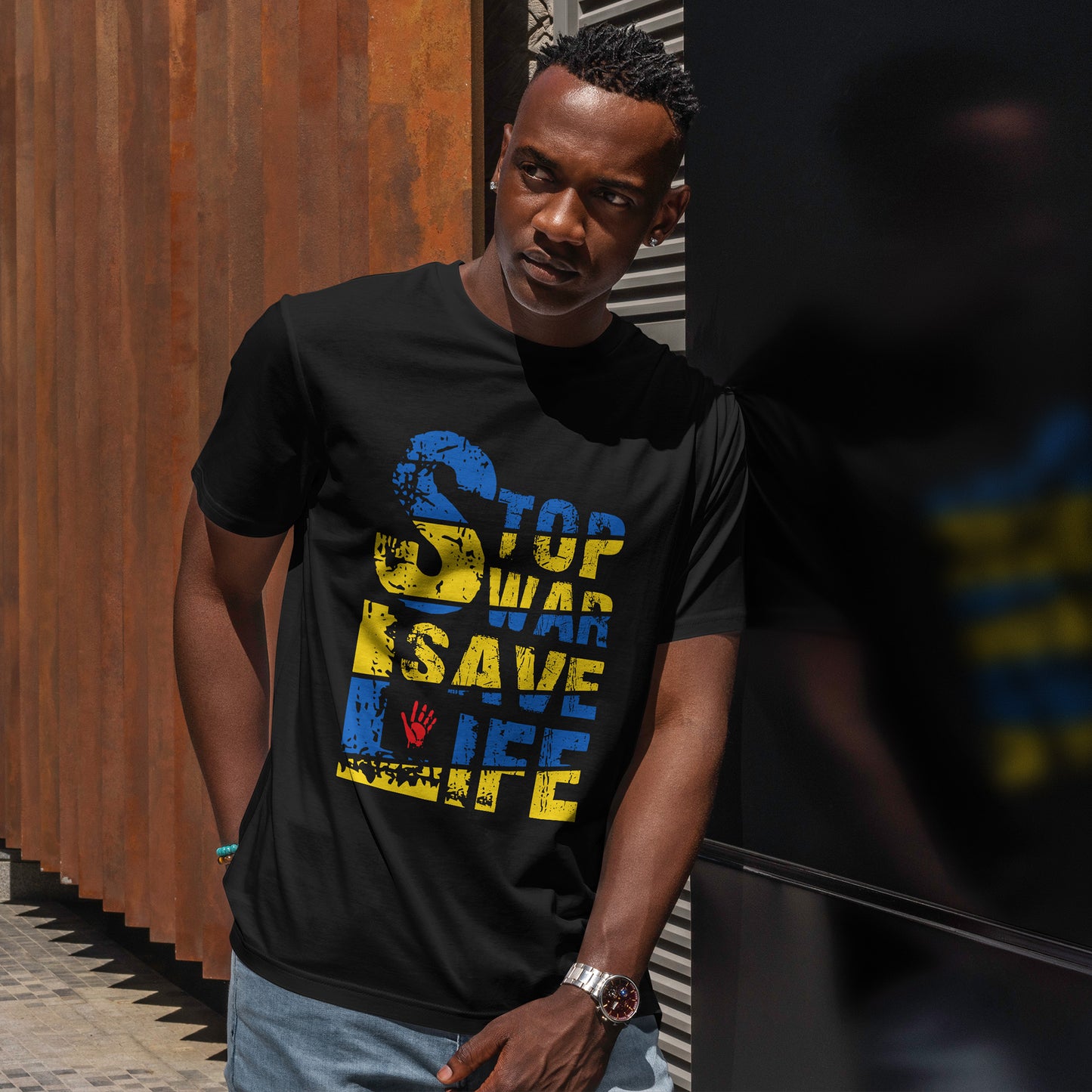 Stop War Save Life Shirt - Blue & Yellow Anti-War Tee, Ukraine Support T-Shirt with Red Handprint, Peace and Solidarity Gift