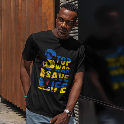 Stop War Save Life Shirt - Blue & Yellow Anti-War Tee, Ukraine Support T-Shirt with Red Handprint, Peace and Solidarity Gift