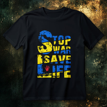 Stop War Save Life Ukraine support shirt with red handprint