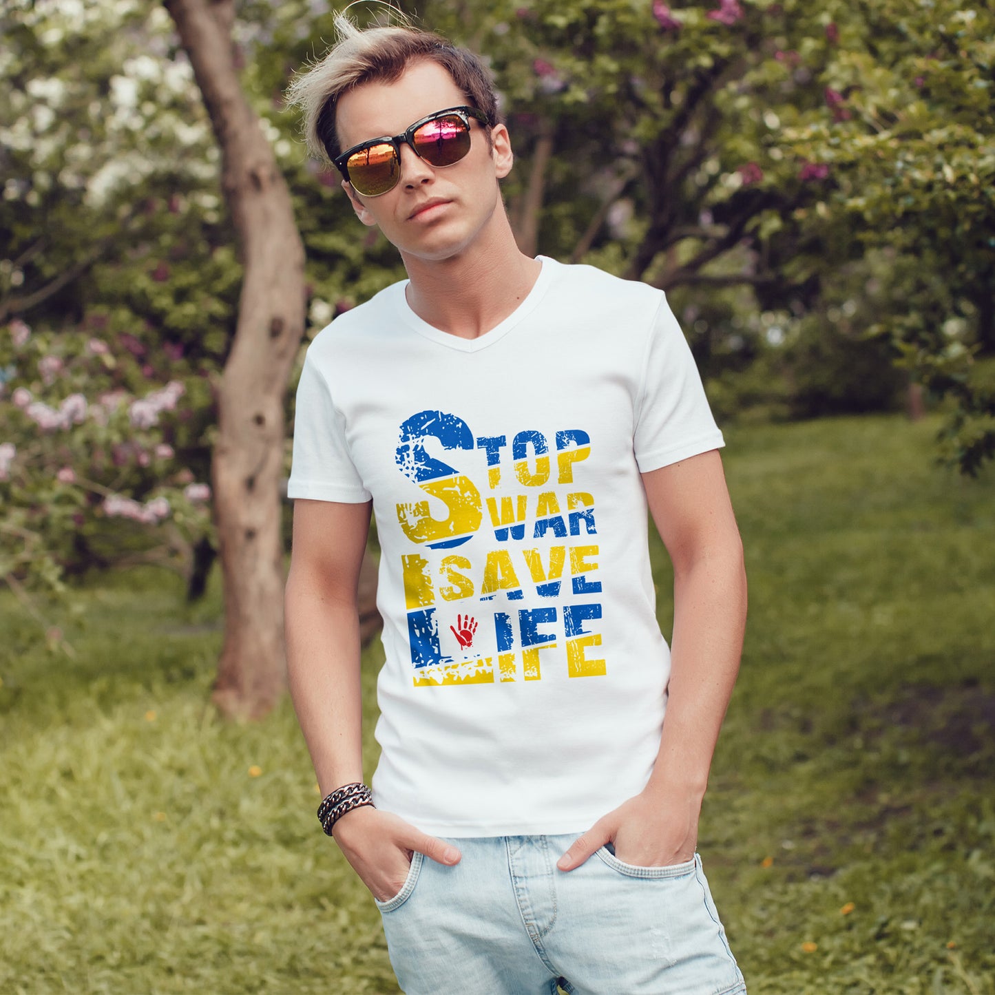 Stop War Save Life Shirt - Blue & Yellow Anti-War Tee, Ukraine Support T-Shirt with Red Handprint, Peace and Solidarity Gift