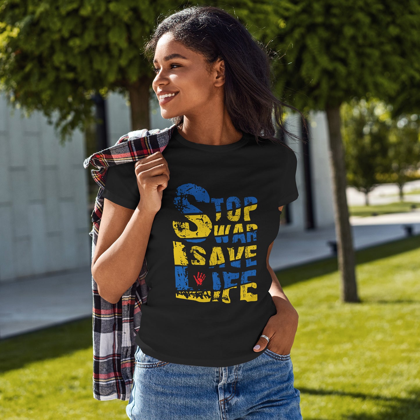 Stop War Save Life Shirt - Blue & Yellow Anti-War Tee, Ukraine Support T-Shirt with Red Handprint, Peace and Solidarity Gift