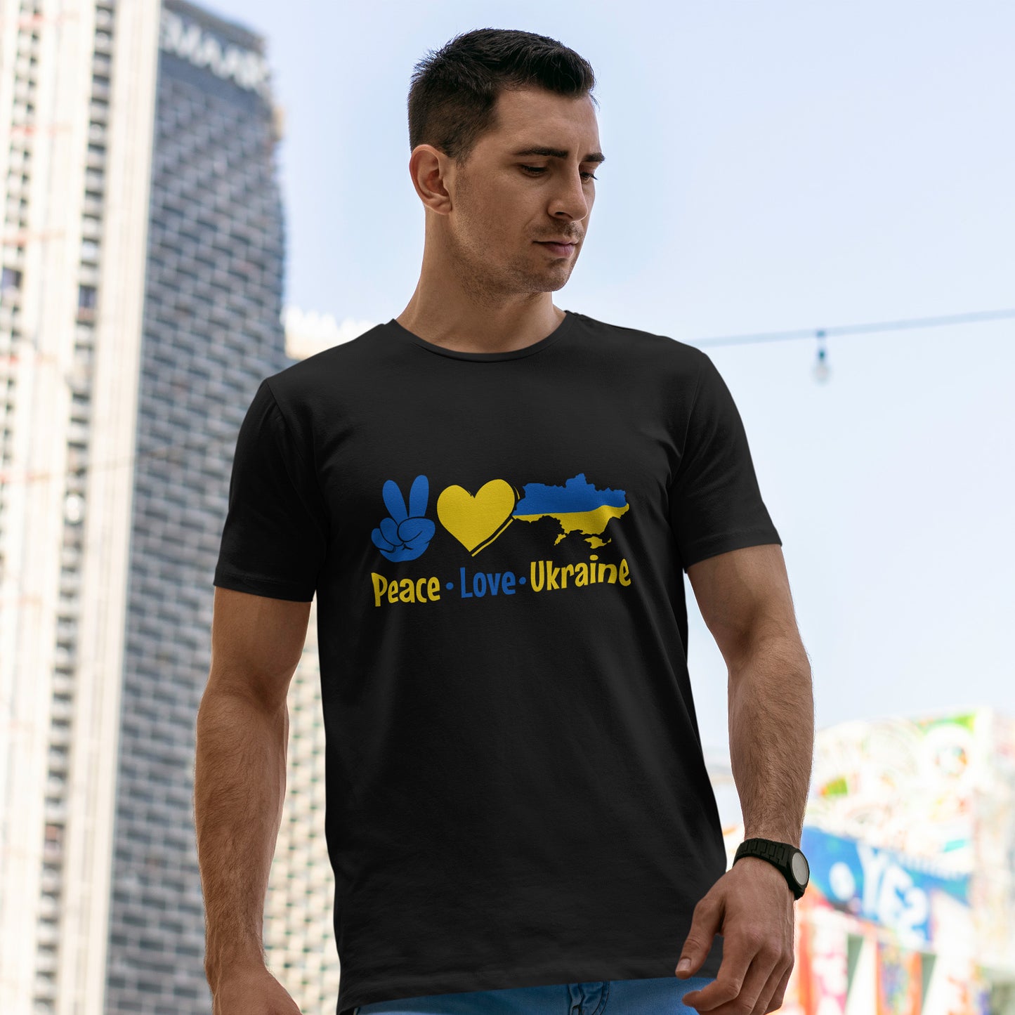 Peace Love Ukraine Shirt - Blue & Yellow Heart Map Tee