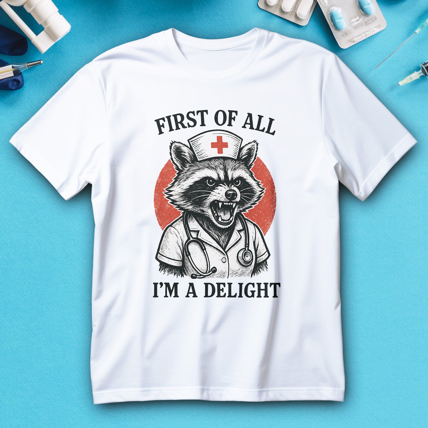 Nurse raccoon in scrubs with retro sun “I’m a delight” shirt