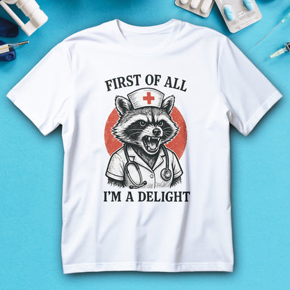 Nurse raccoon in scrubs with retro sun “I’m a delight” shirt