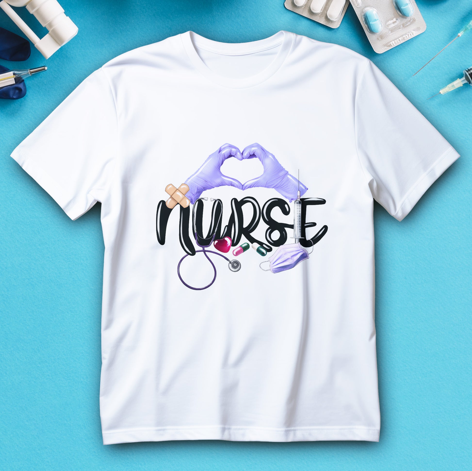 Nurse heart hands purple gloves shirt with stethoscope and syringe icons