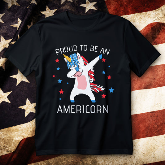 Americorn dabbing unicorn USA red white blue graphic shirt