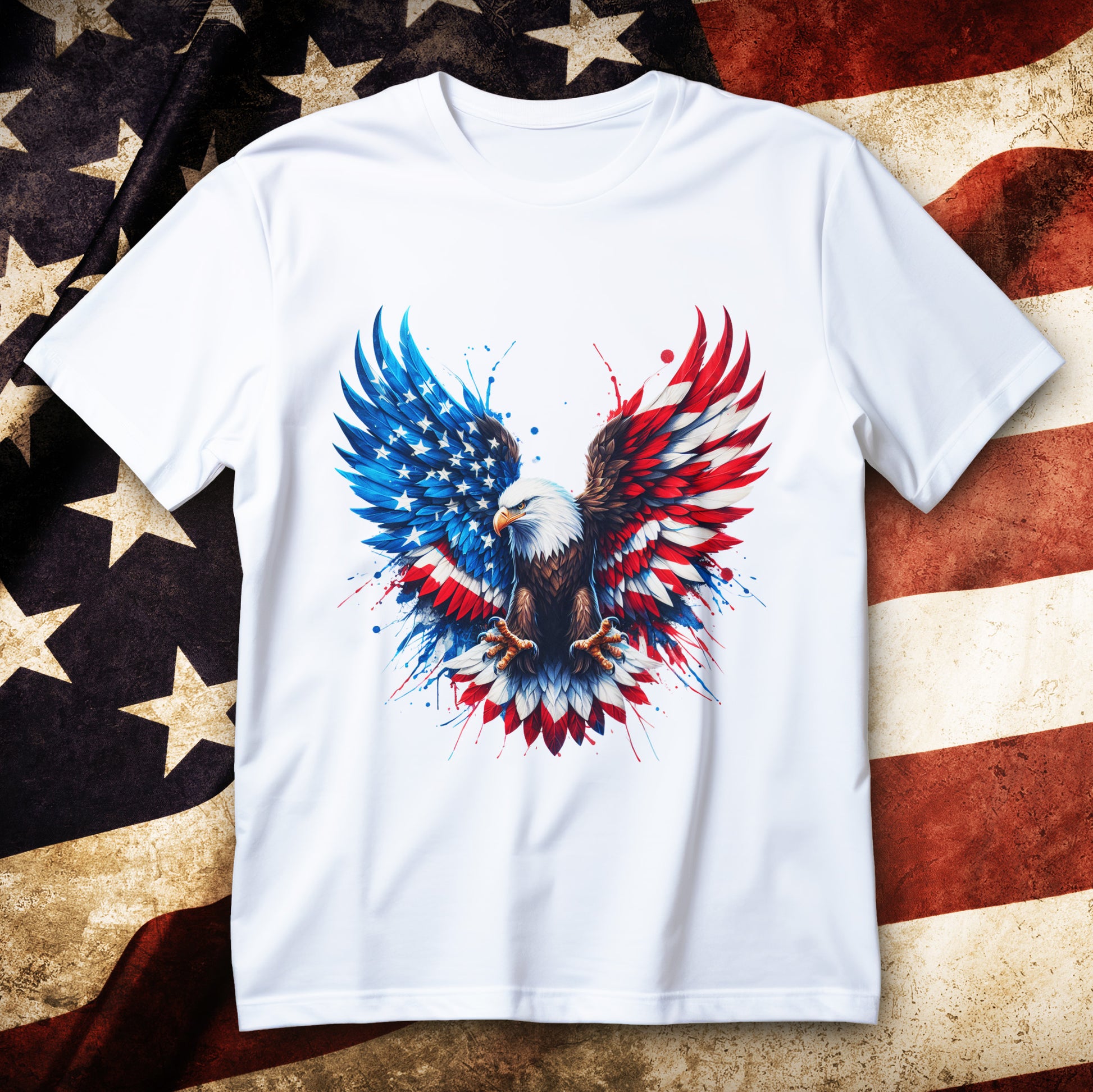 Patriotic bald eagle shirt with USA flag wings in splash-art style