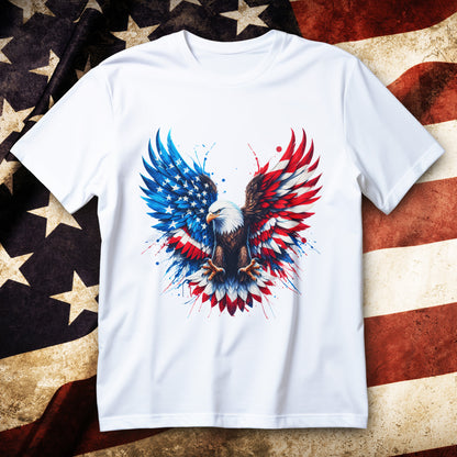 Patriotic bald eagle shirt with USA flag wings in splash-art style