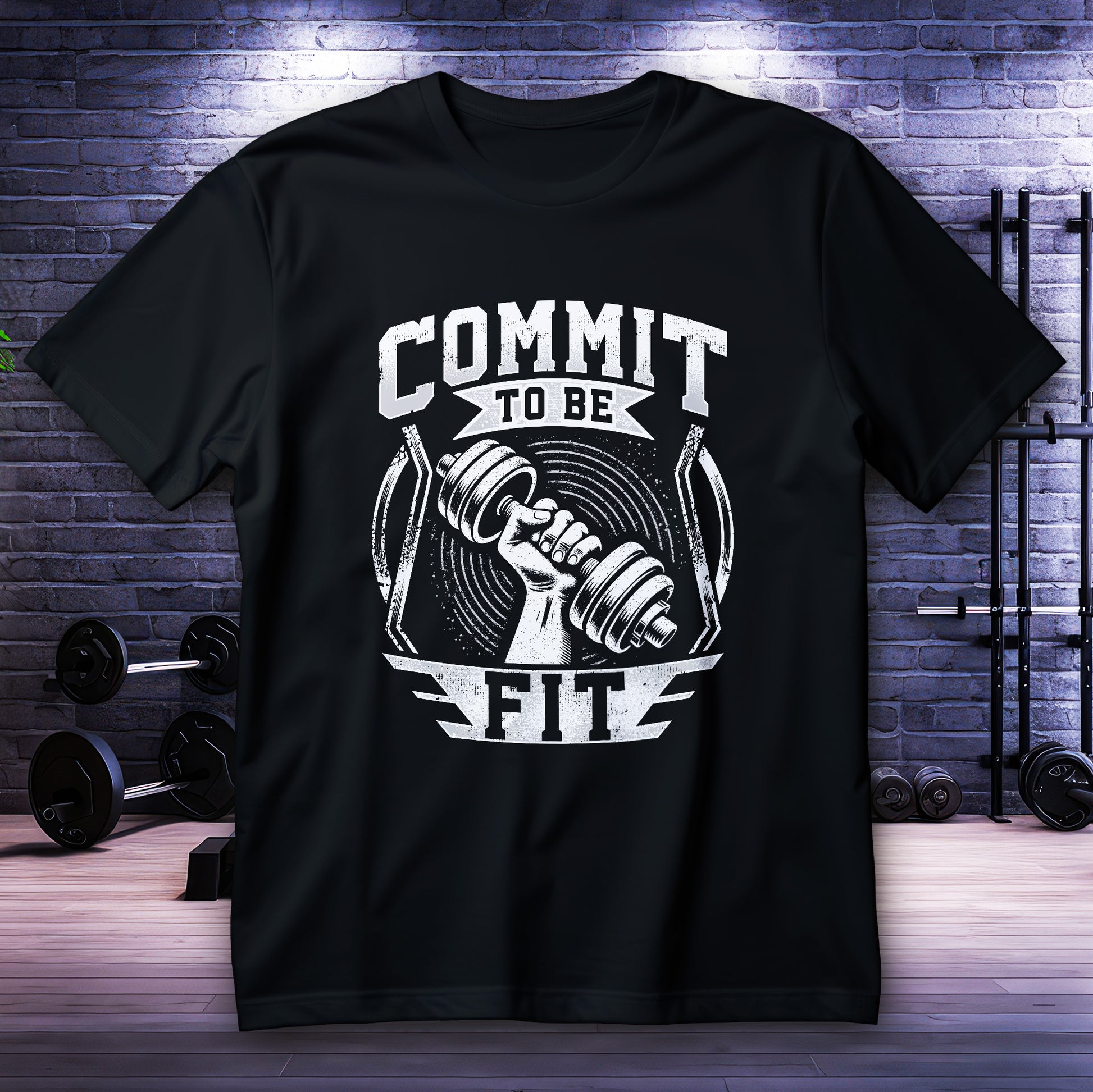 Commit to Be Fit gym shirt with vintage dumbbell graphic