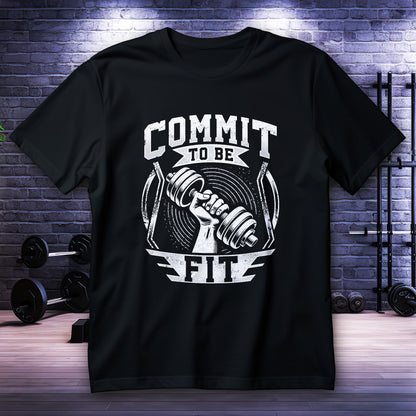 Commit to Be Fit gym shirt with vintage dumbbell graphic