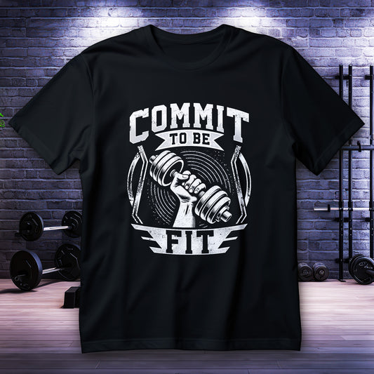Commit to Be Fit gym shirt with vintage dumbbell graphic