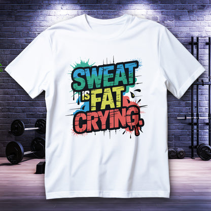 Sweat Is Fat Crying gym shirt with colorful distressed quote
