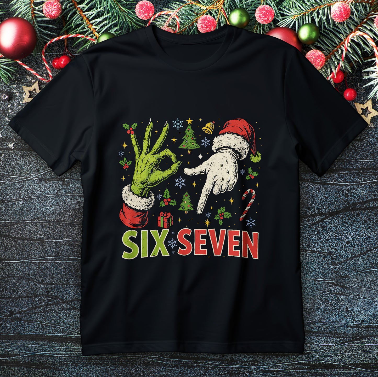 Retro “67” Christmas meme T-shirt with green furry hand and Santa hand signs in vintage colors.