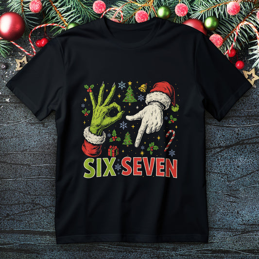 Retro “67” Christmas meme T-shirt with green furry hand and Santa hand signs in vintage colors.