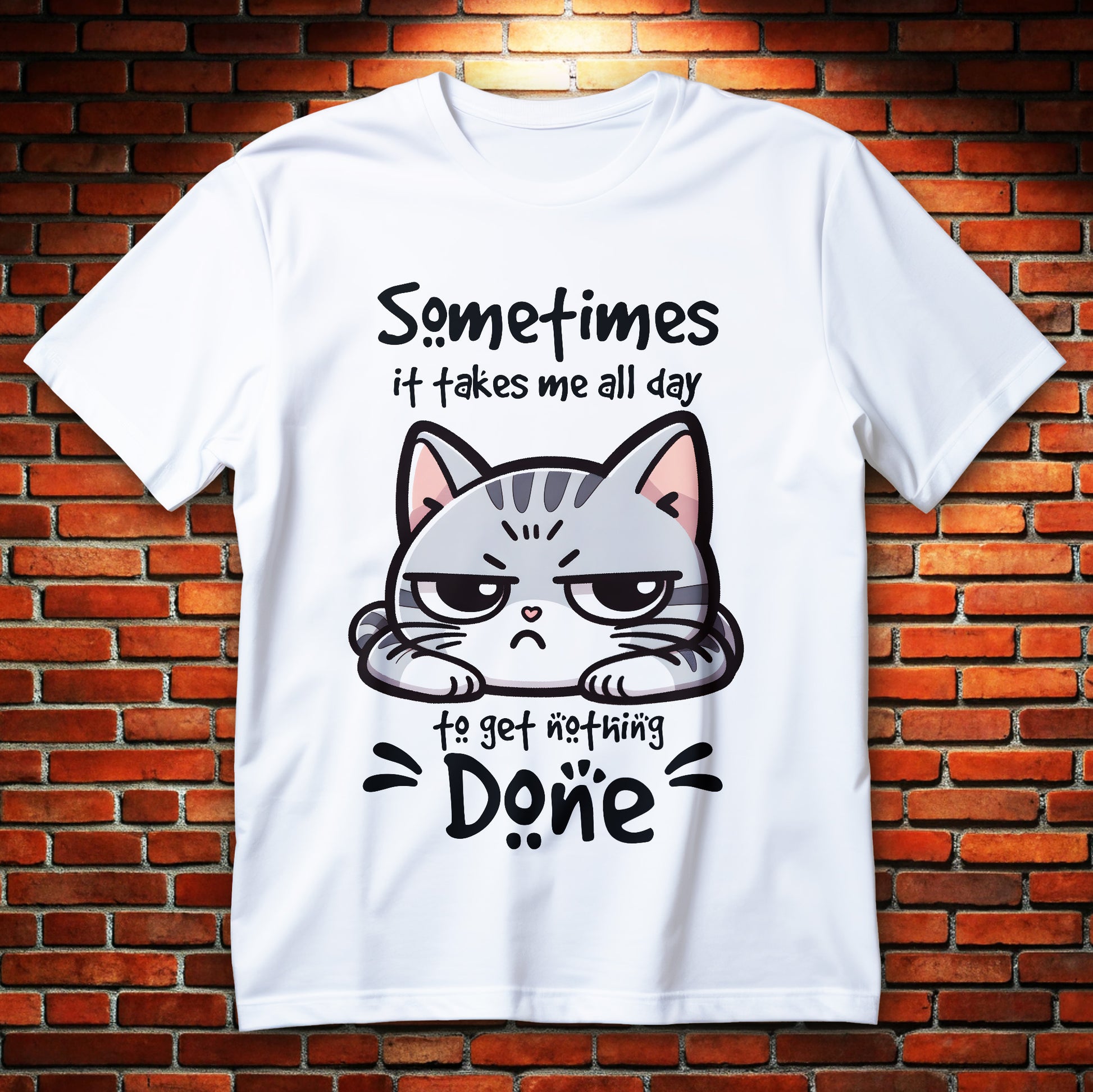 Grumpy lazy cat illustration with text “Sometimes It Takes Me All Day To Get Nothing Done” on a funny unisex T-shirt.