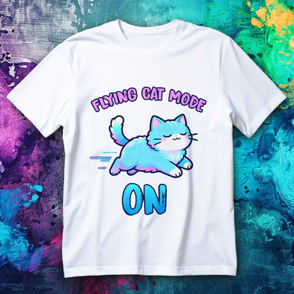 Kawaii pastel flying cat with sparkles and rainbow trail printed on a unisex T-shirt.

