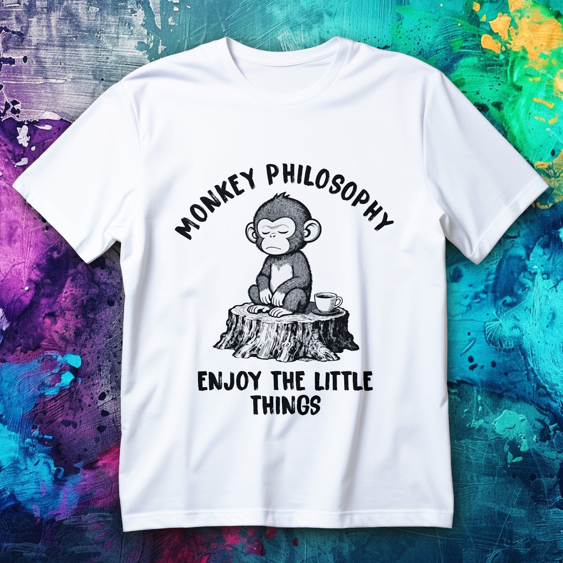Vintage monkey sipping coffee on a tree stump minimalist mindfulness graphic T-shirt.