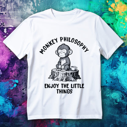 Vintage monkey sipping coffee on a tree stump minimalist mindfulness graphic T-shirt.