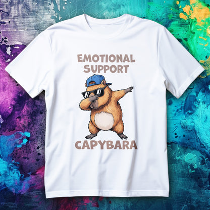 Dabbing sunglasses capybara with funny text “Emotional Support Capybara” on a unisex T-shirt.