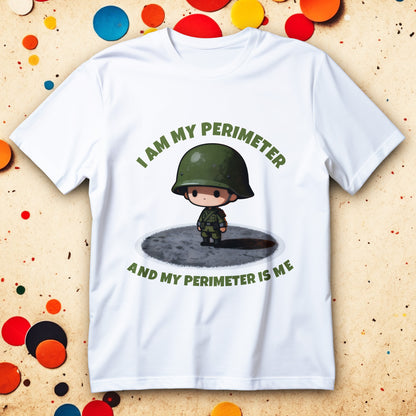 Cute chibi soldier guarding a circle with text “I Am My Perimeter And My Perimeter Is Me” funny tactical military humor T-shirt.