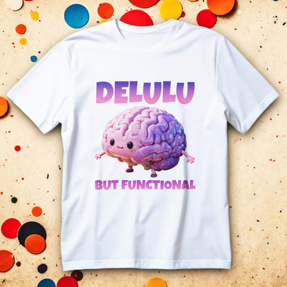 Pastel kawaii brain with sparkles and text “Delulu but Functional” printed on a unisex T-shirt.