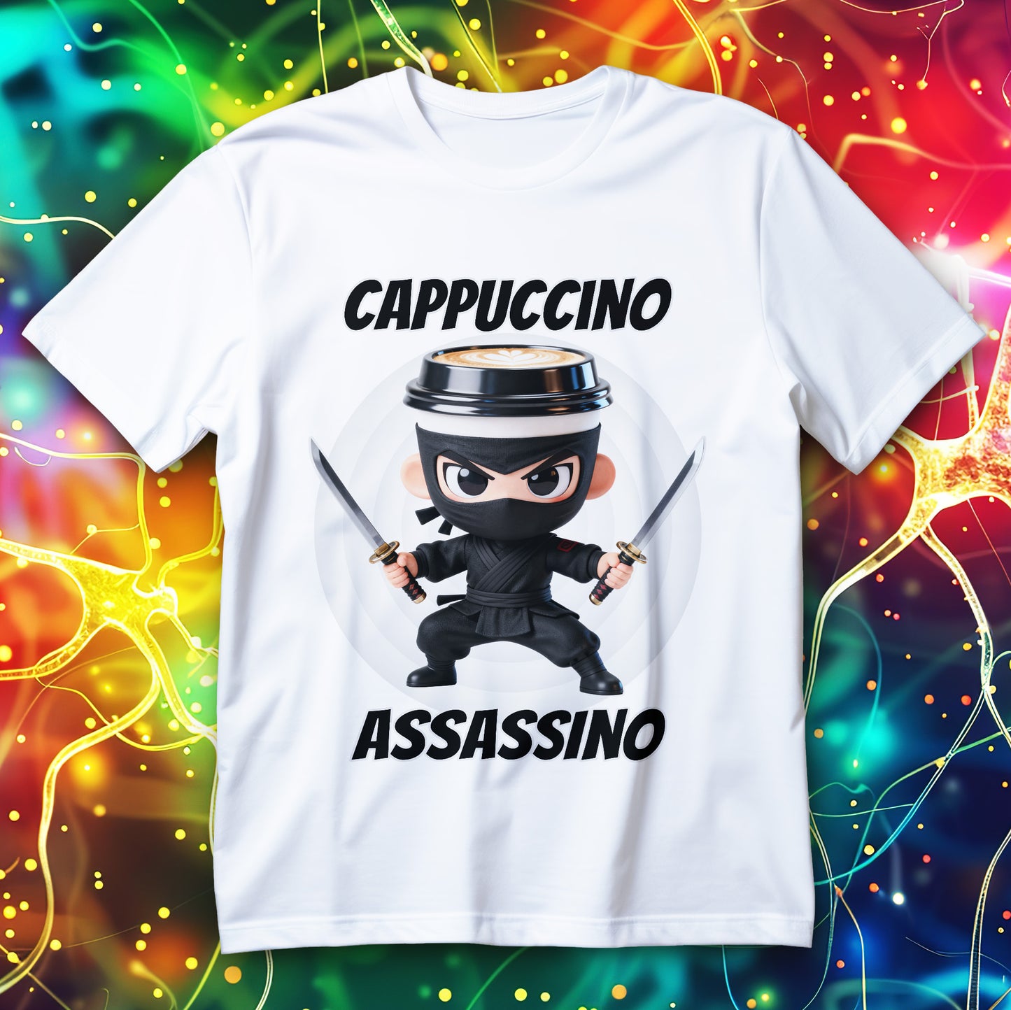 Cute ninja with a cappuccino cup head and katanas graphic, text “Cappuccino Assassino” funny coffee lover T-shirt.