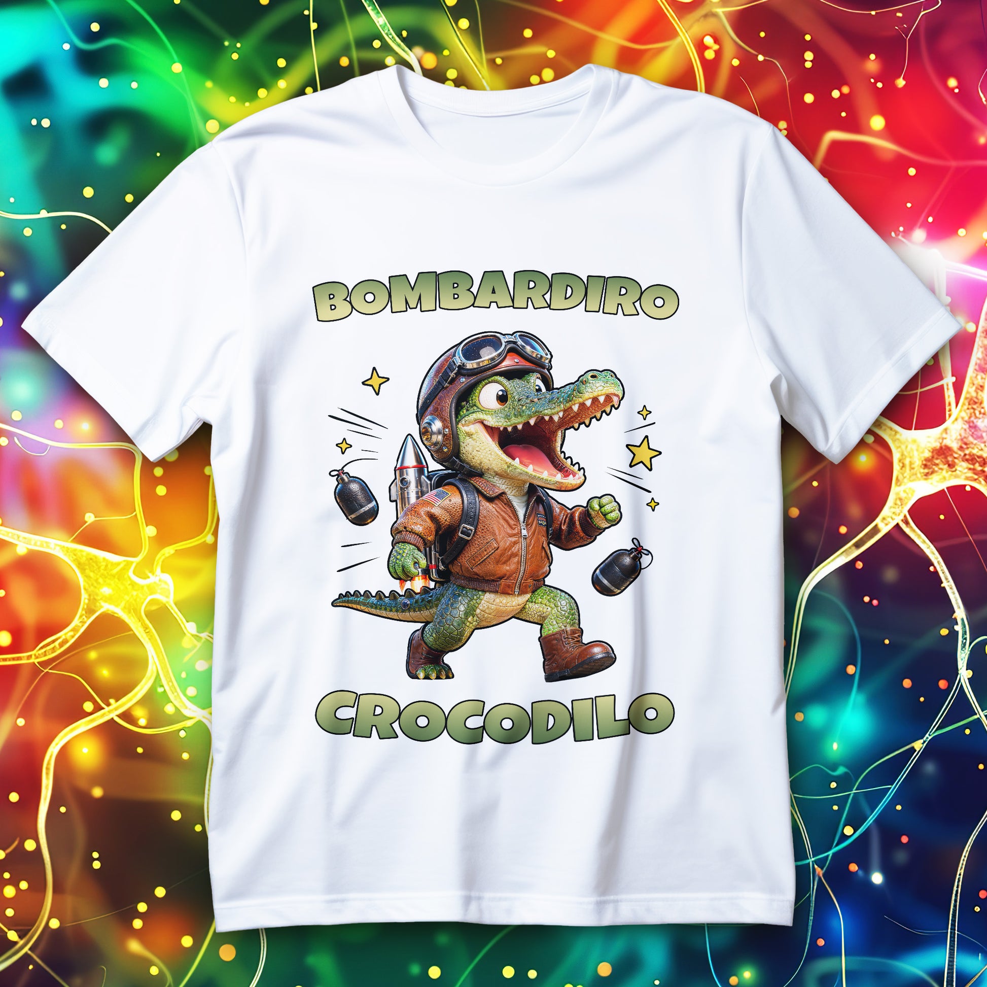 Cartoon crocodile with a jetpack and goggles, “Bombardiro Crocodilo” funny animal humor T-shirt design.
