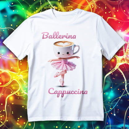Kawaii ballerina with cappuccino cup head and pink tutu, cute coffee lover T-shirt design.

