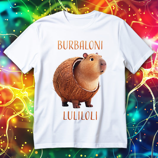 Cute capybara peeking out of a cracked coconut, funny tropical animal humor T-shirt design.