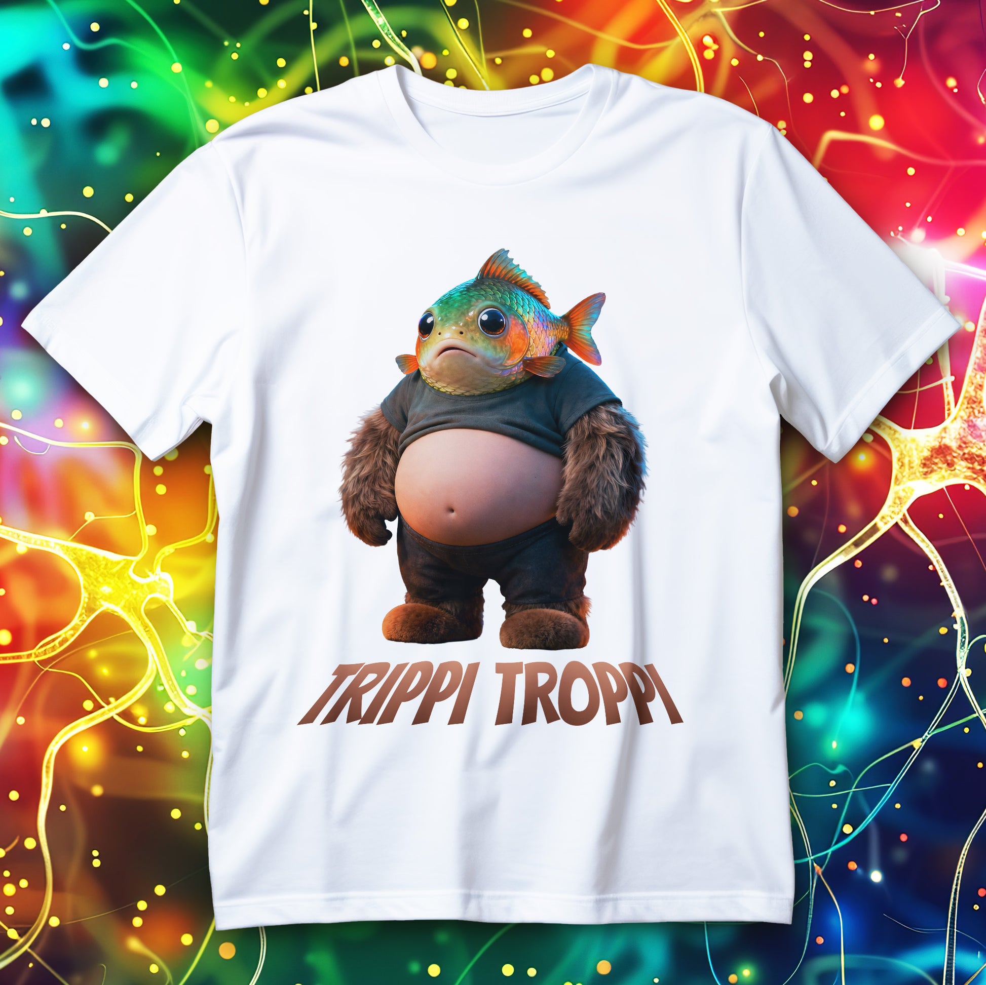 Surreal rainbow fish with fuzzy monster legs, funny absurd creature design T-shirt.

