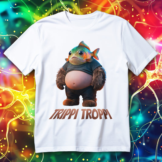 Surreal rainbow fish with fuzzy monster legs, funny absurd creature design T-shirt.

