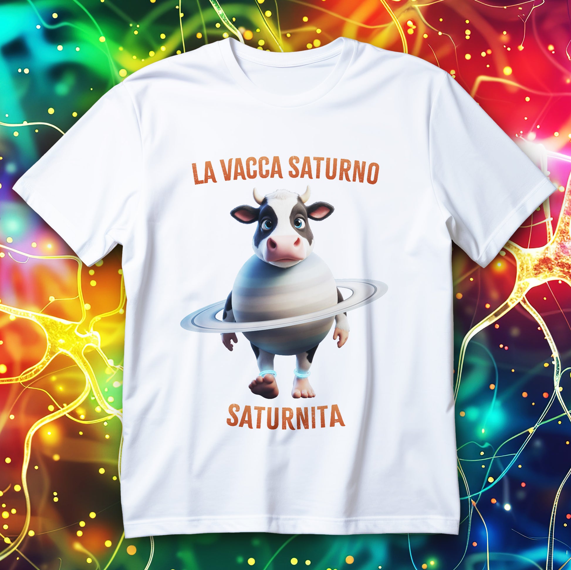 Cute cartoon cow planet Saturn design with rings, funny cosmic animal meme T-shirt.