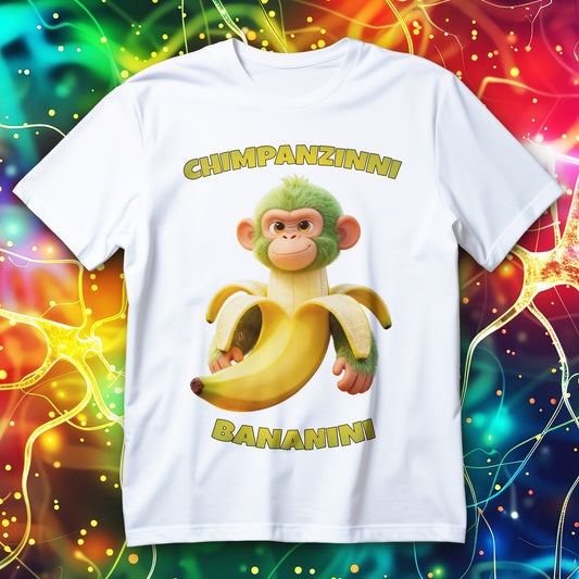 Cute green monkey popping out of a banana, funny absurd animal meme T-shirt design.
