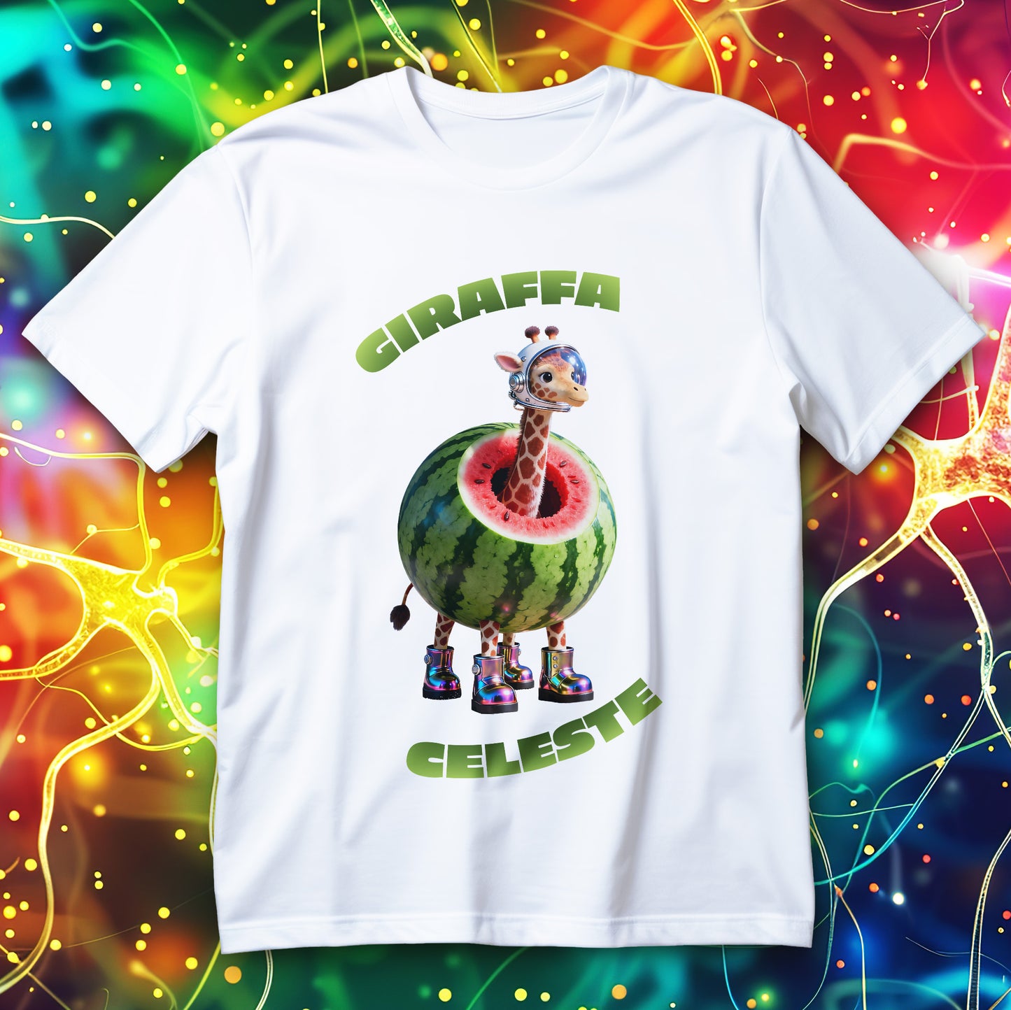 Cute space giraffe inside a watermelon wearing a helmet and boots, funny absurd meme T-shirt design.
