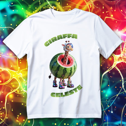 Cute space giraffe inside a watermelon wearing a helmet and boots, funny absurd meme T-shirt design.