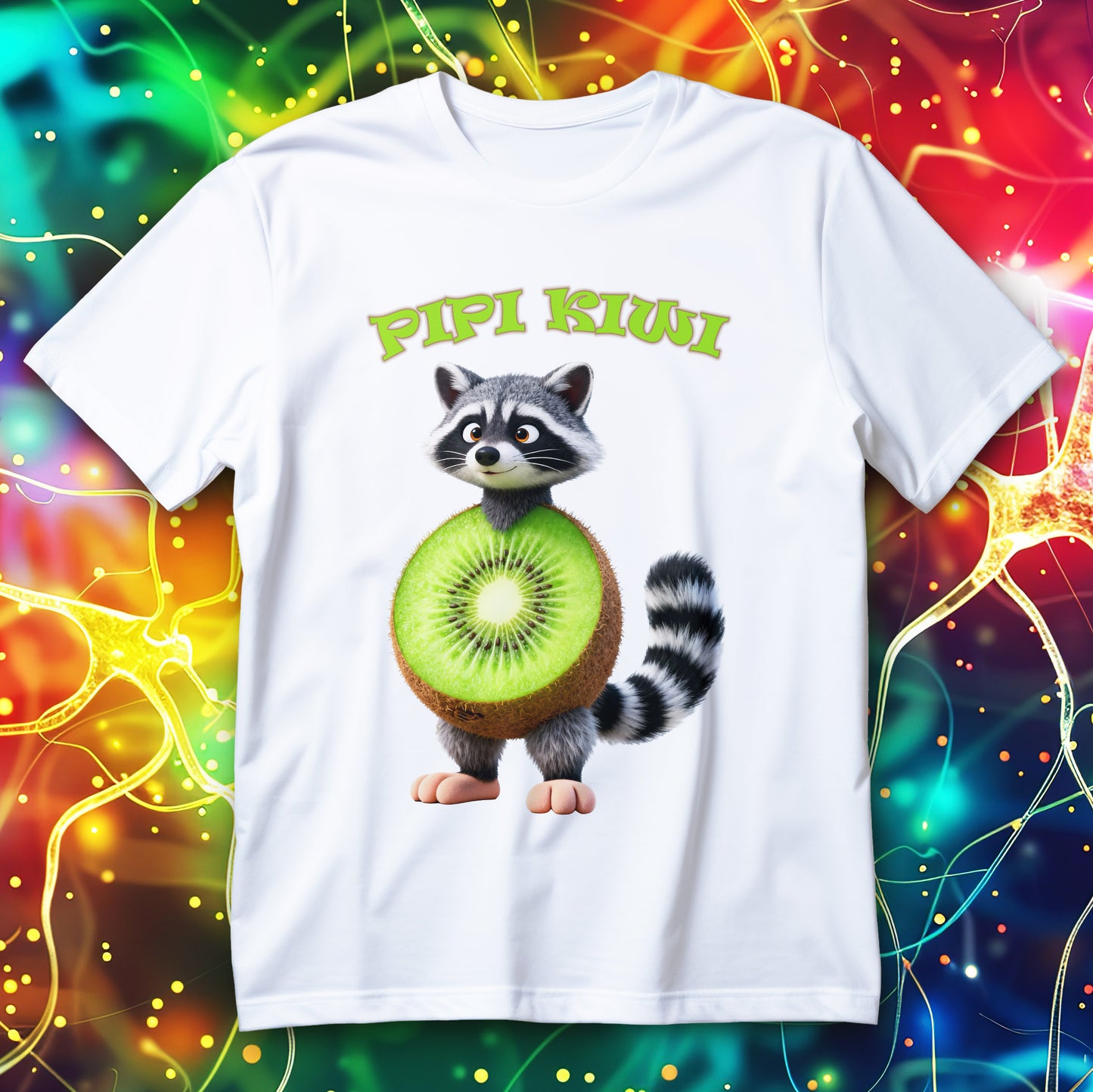 Funny green raccoon with kiwi body cartoon design, absurd kawaii animal T-shirt.