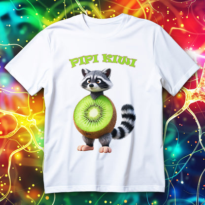 Funny green raccoon with kiwi body cartoon design, absurd kawaii animal T-shirt.