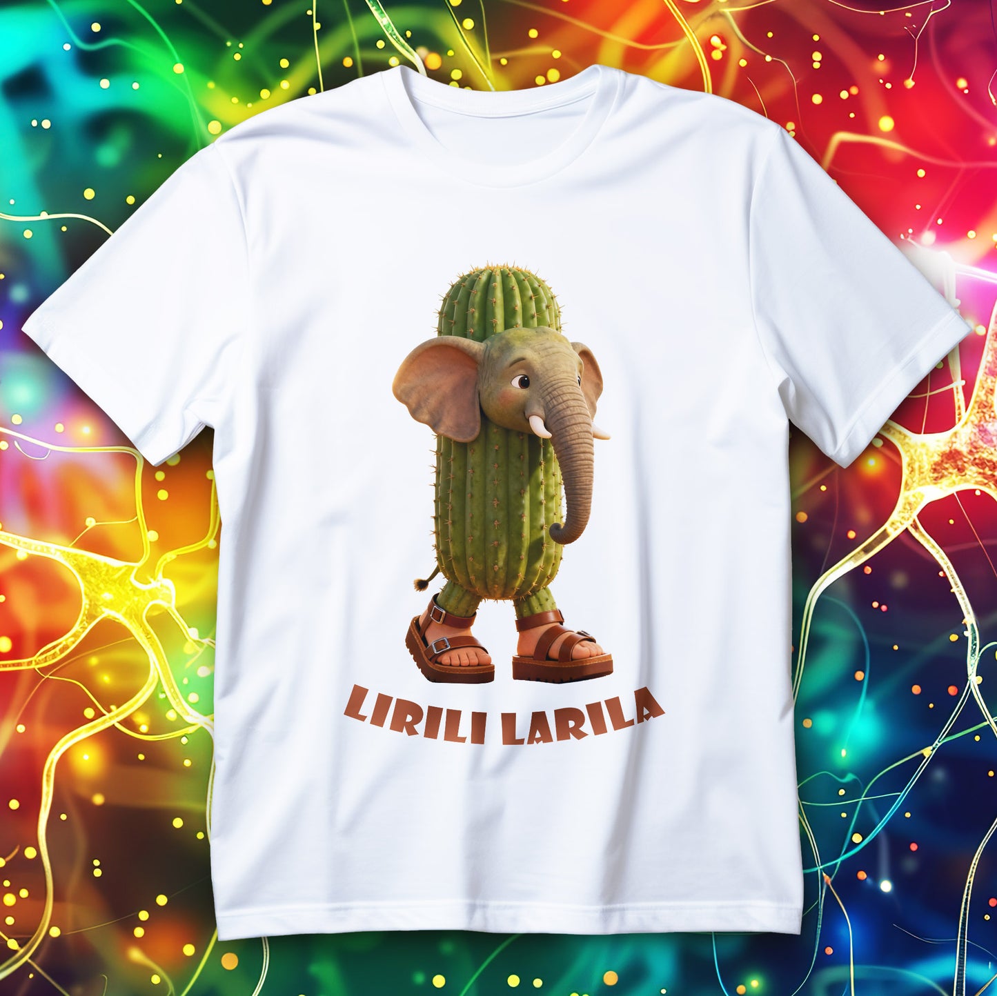 Funny cactus elephant wearing sandals cartoon design, surreal absurd animal T-shirt.