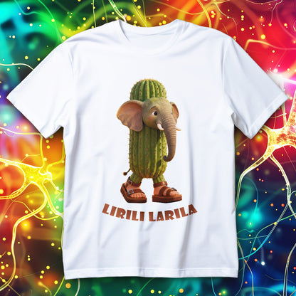 Funny cactus elephant wearing sandals cartoon design, surreal absurd animal T-shirt.
