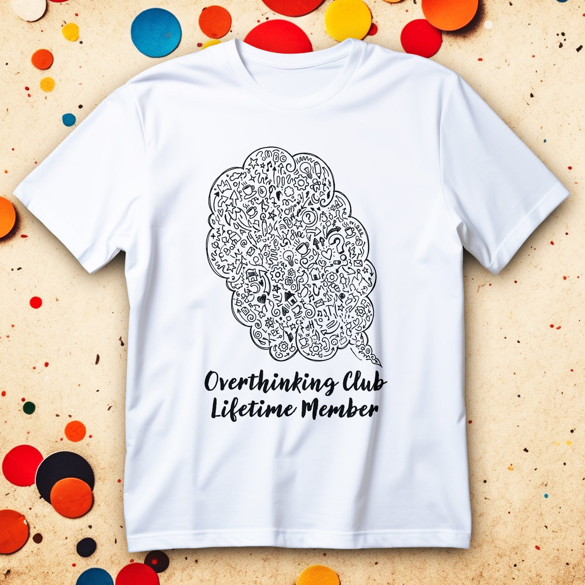 Minimal doodle brain filled with chaotic thoughts design, funny overthinking club T-shirt.