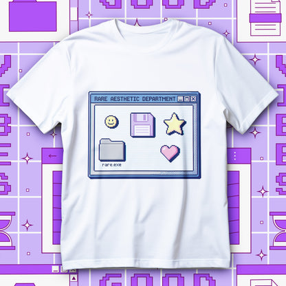 Pastel pixel vaporwave design with floppy disk and smiley face, cute Y2K aesthetic T-shirt.