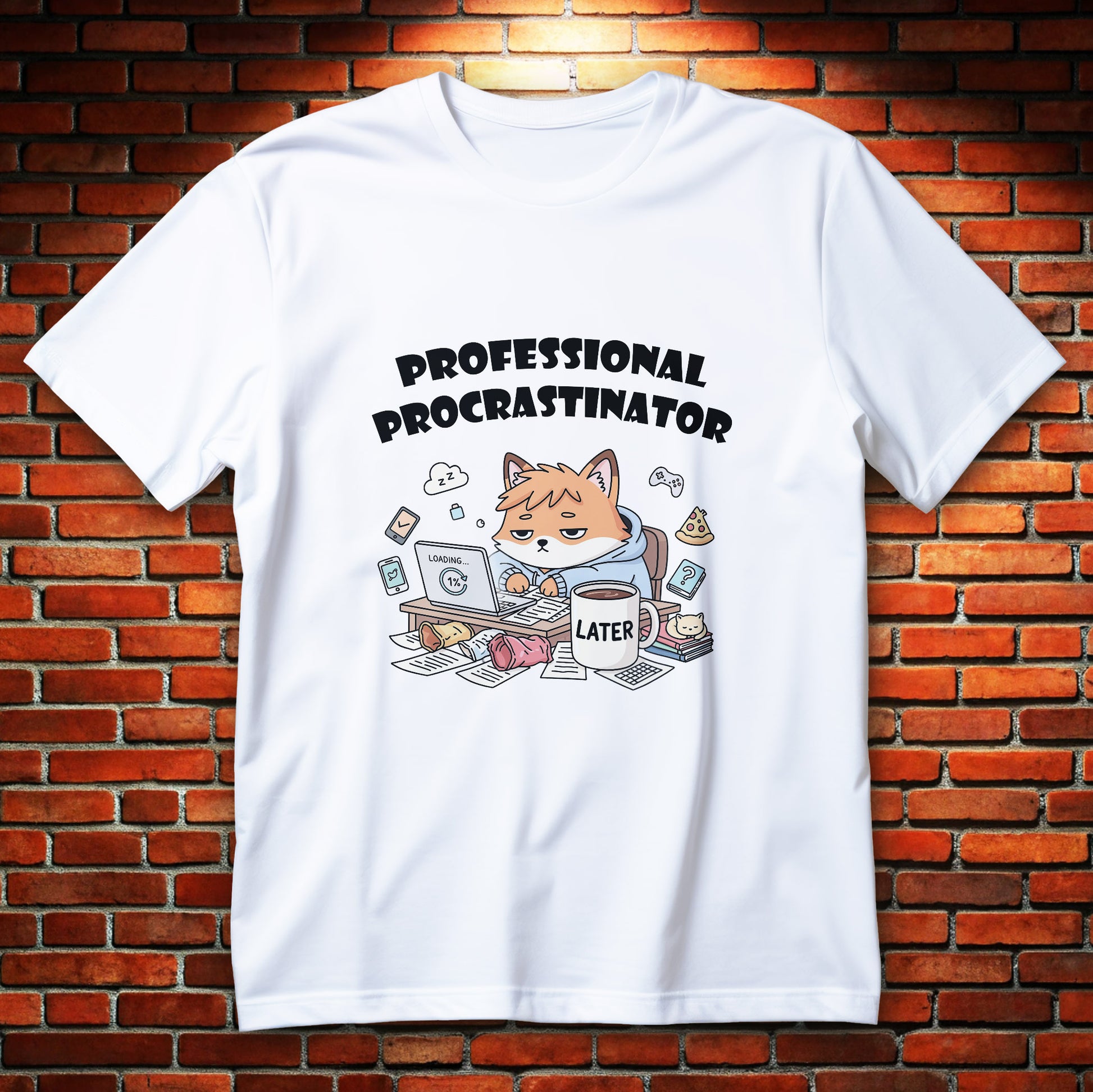 Kawaii cat surrounded by snacks and papers design, funny pastel procrastination T-shirt.