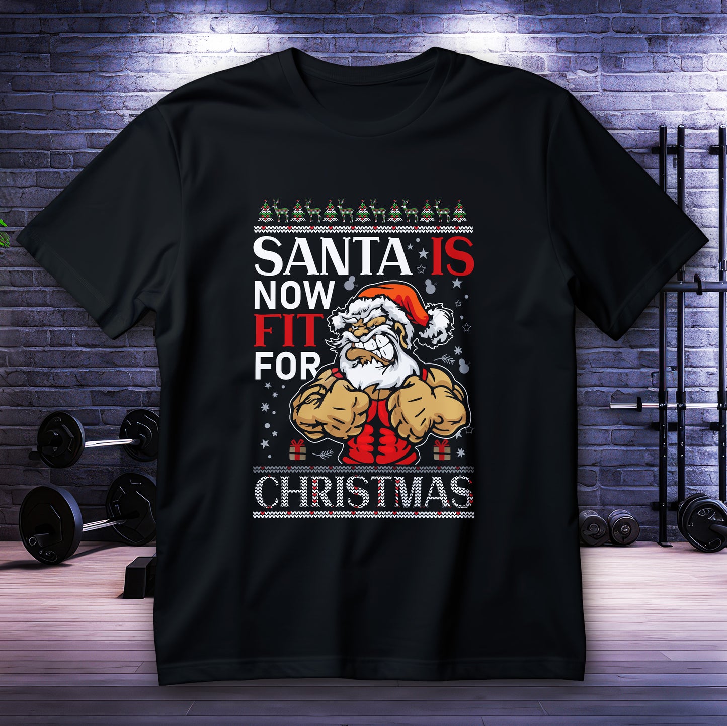 Buff Santa flexing muscles in festive ugly sweater style design, funny gym Christmas T-shirt.