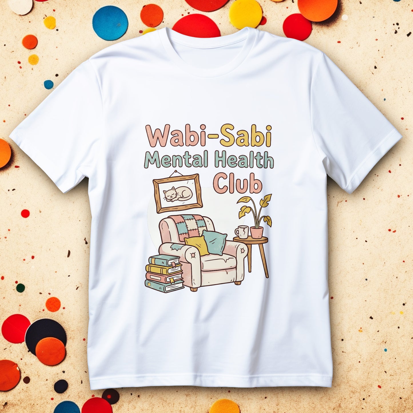 Vintage wabi-sabi armchair with books and sleepy cat design, cozy self-care mental health T-shirt.